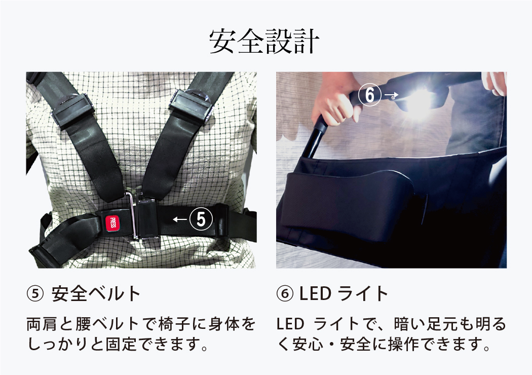 らく段の安全ベルトとLEDライト