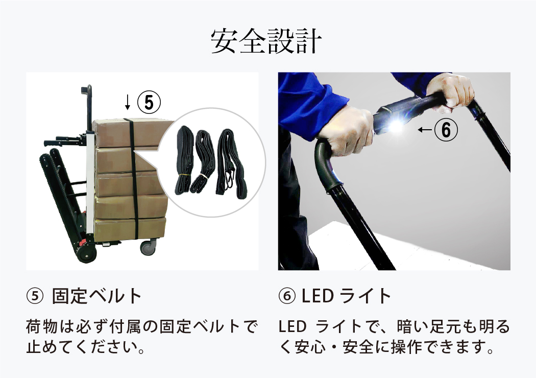 荷物用階段昇降機結束ベルトとLEDライト